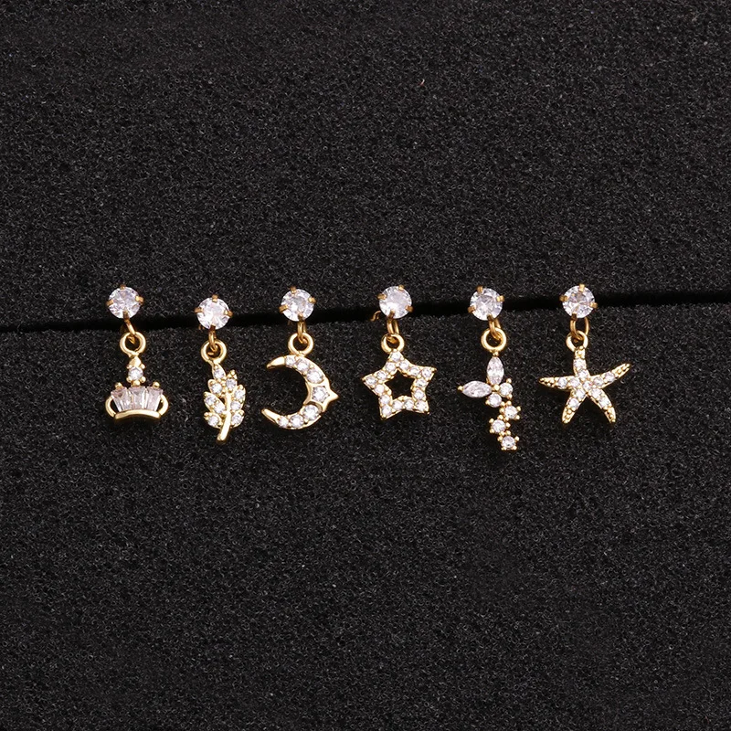 New arrival 6styles Star heart Moon crystal tragus ear piercing plug stainless steel daith earrings helix cartilage studs