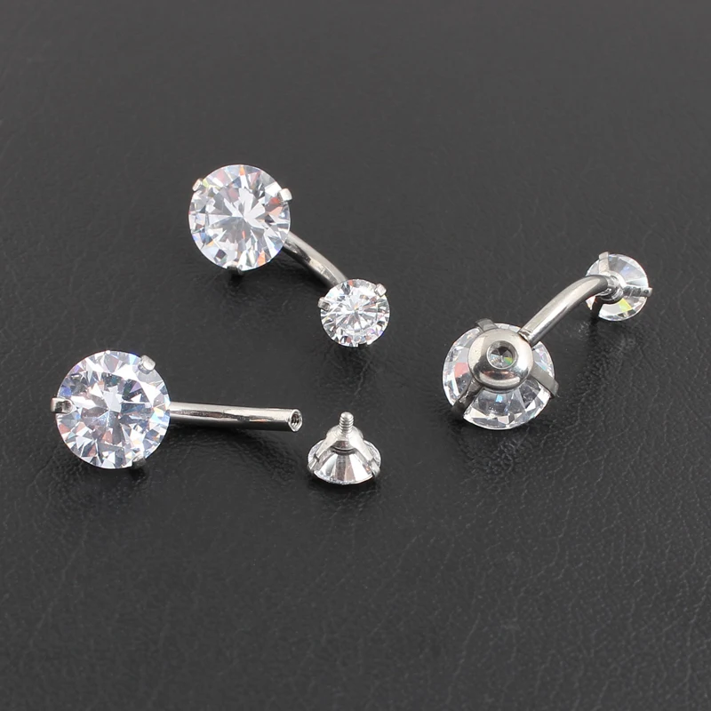 Belly button ring all stainless steel prong setting double CZ zircons internal thread body piercing navel ring piercing jewelry