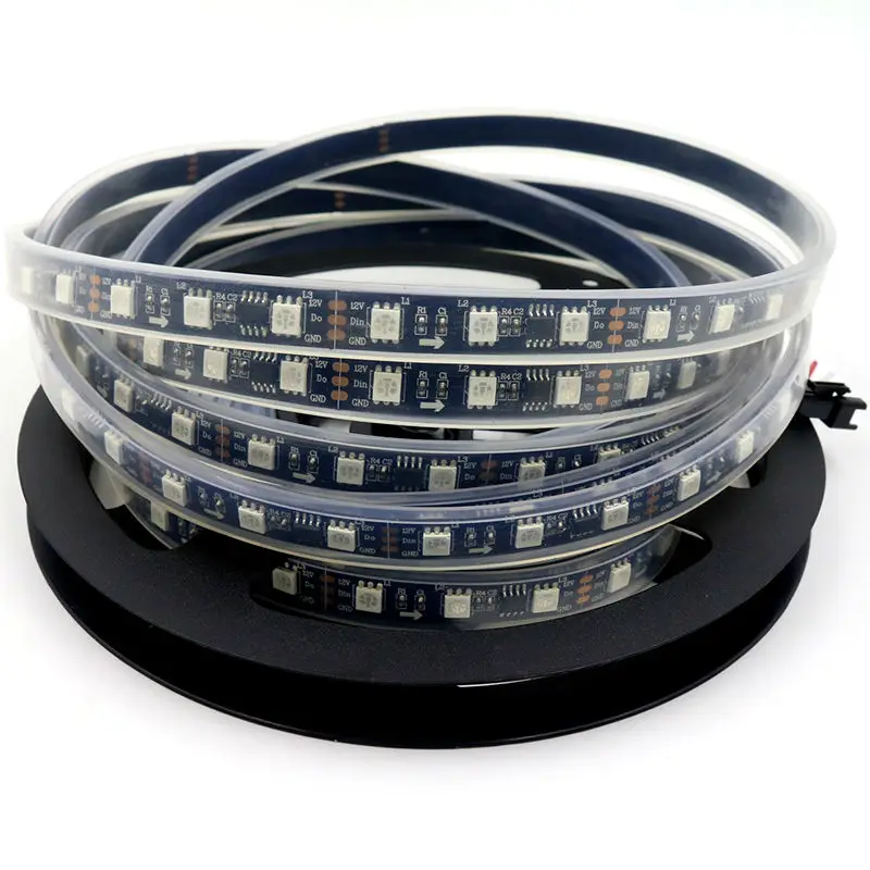 

5m/roll smd5050 rgb 300 led flexible strip ws2811 smd 5050 rgb led strip light dc12v black pcb waterproof tape ip67 digital lamp