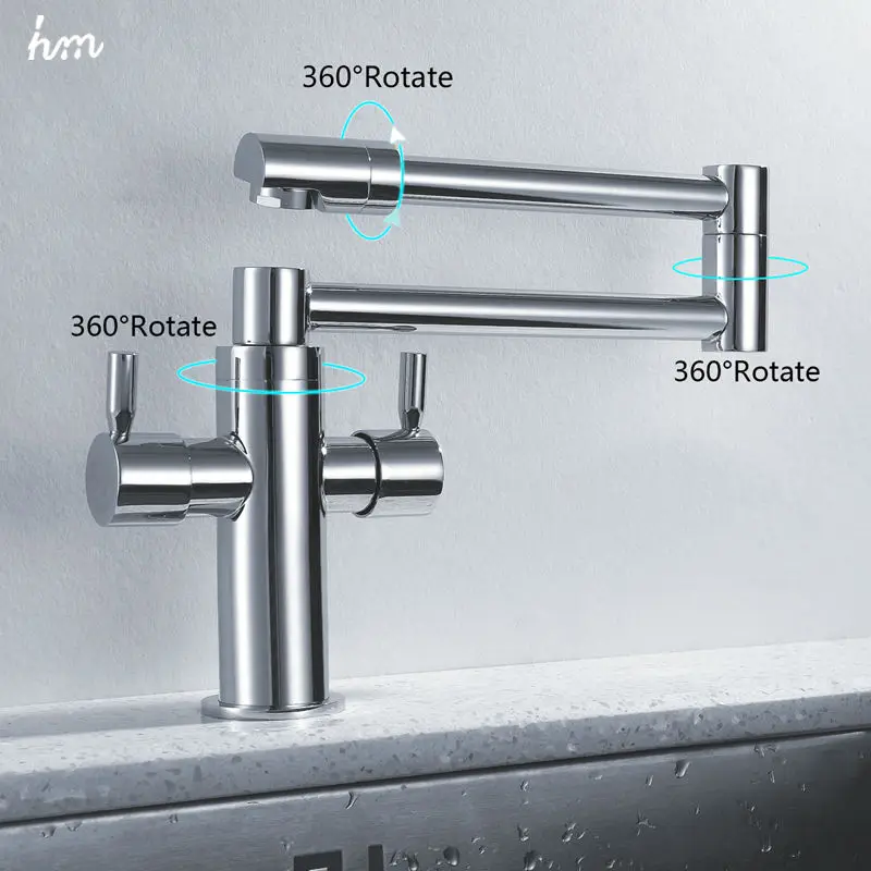 hm Bathroom Accessories Kitchen Sink Stretch Folding Mixer Taps Deck Mounted Dual Handle Brass Faucet Chrome Finished