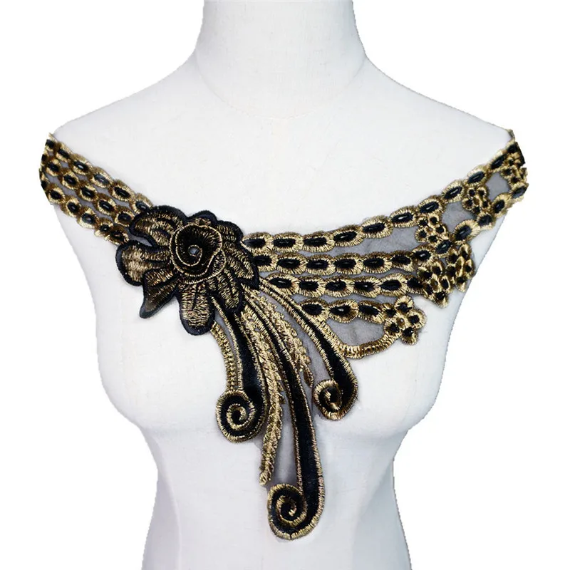37CM Embroidered Flowers Collar Black Gold Varied Lace Trims Appliques Mesh Sew On Patch For Wedding Evening Dress DIY