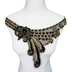37CM Embroidered Flowers Collar Black Gold Varied Lace Trims Appliques Mesh Sew On Patch For Wedding Evening Dress DIY