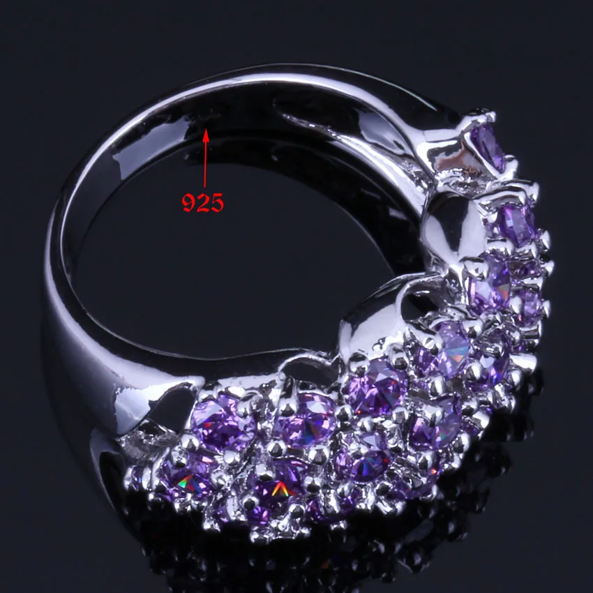 Captivating Purple Cubic Zirconia Silver Plated Jewelry Sets Earrings Pendant Chain Ring V0308