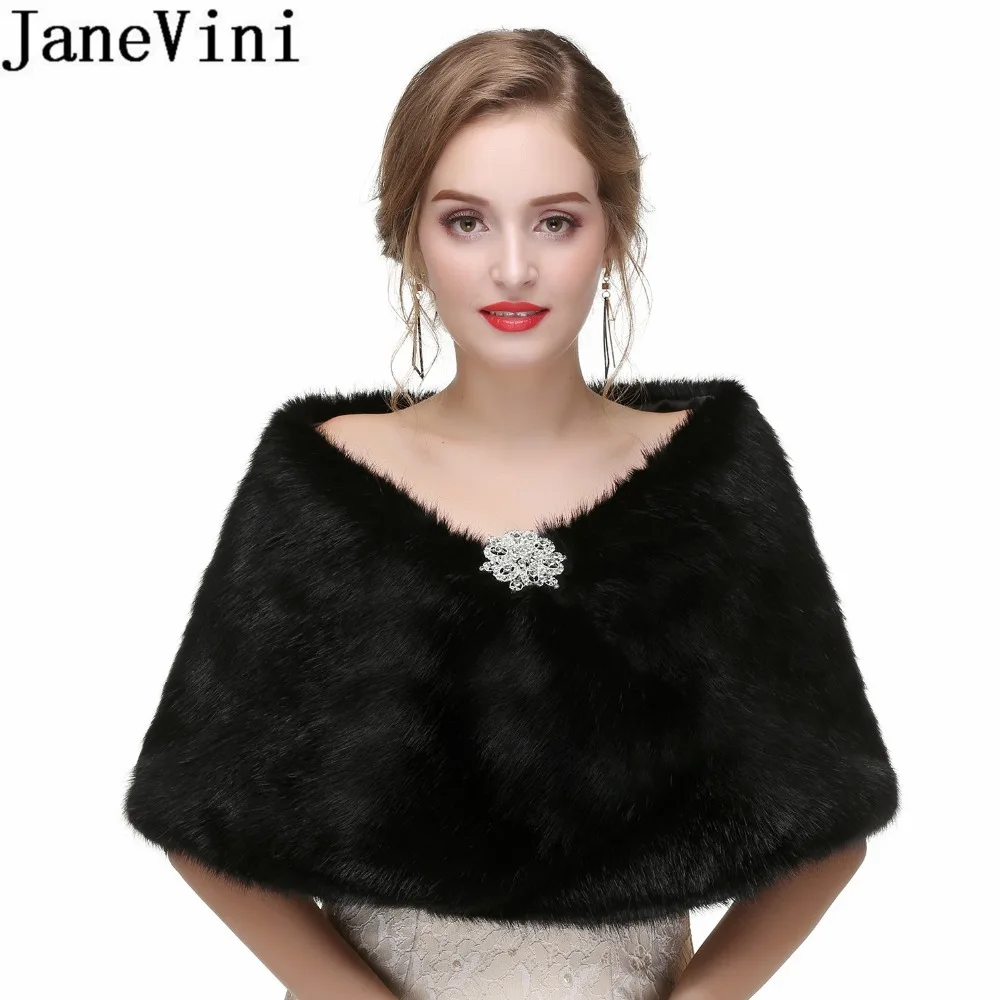 JaneVini 2019 Black Fur Bridal Shawl With Crystal Pin Faux Fur Stoles Wedding Cape Wrap Womens Party Should Wraps Winter Jacket