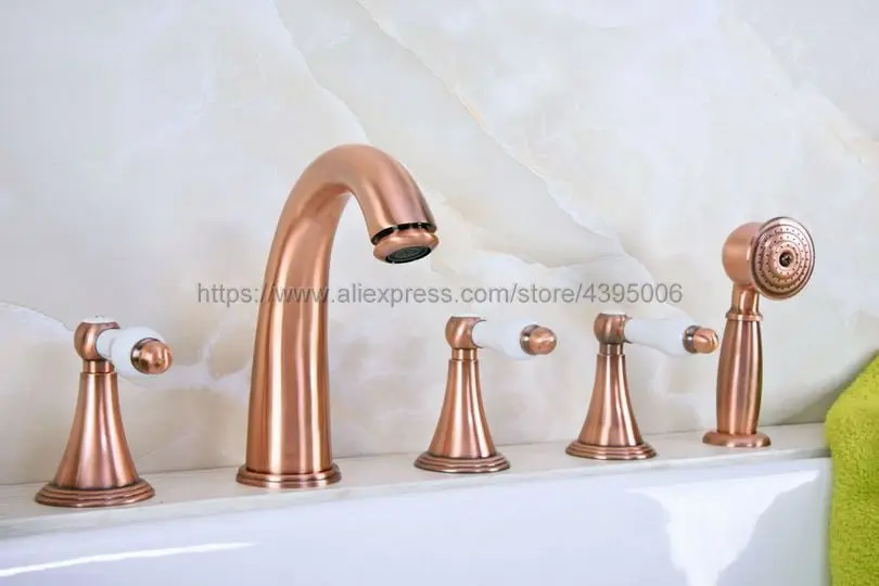 Bathtub Faucet 5 Pcs Widespread Roman Tub Faucet Three Ceramic handle Bathtub Mixer tap with Handshower Deck mounted Btf209