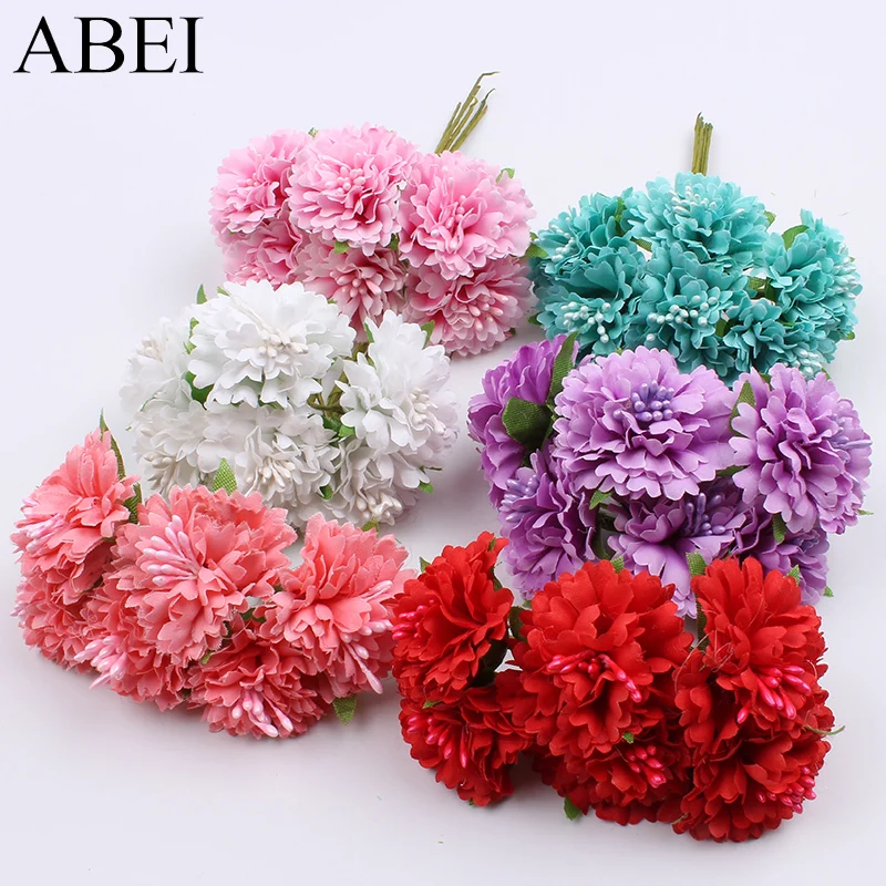 12pcs Carnation Bouquet Artificial Stamen Flower For Wedding Christmas Home Decoration DIY Wreath Fake Blossoming Silk Flowers