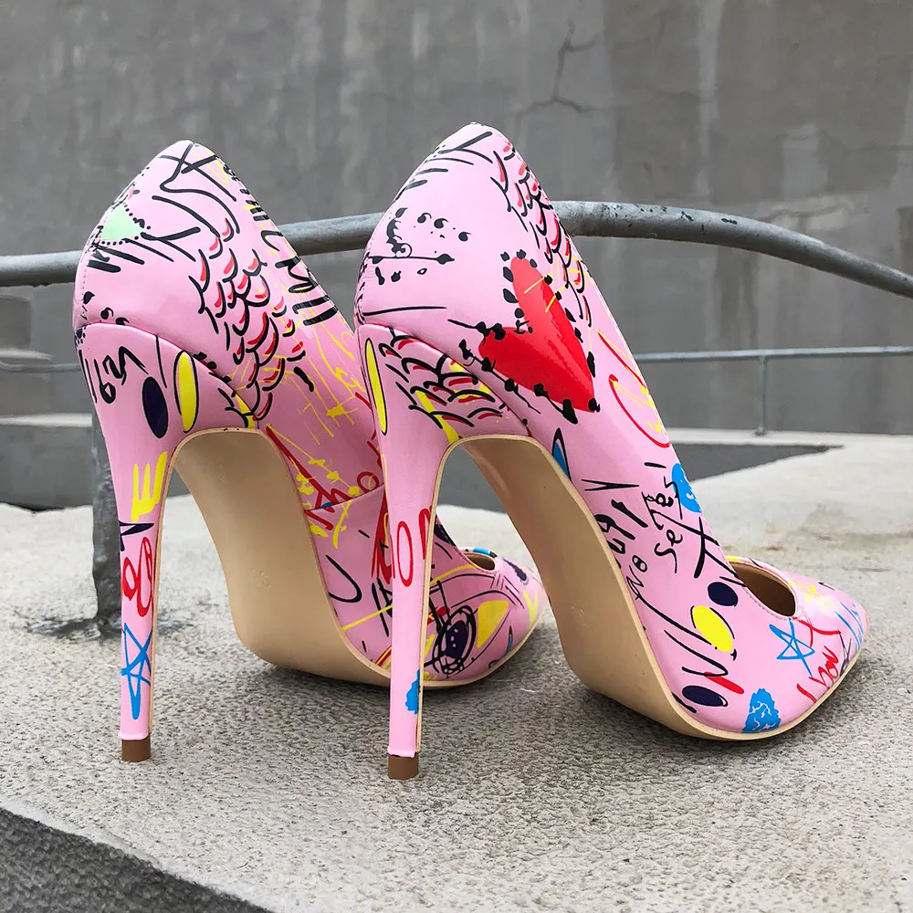 Veowalk Artistic Graffiti Print Women Sexy Stiletto High Heels Pink Ladies Party Pointed Toe Pumps Shoes Color Customized Accept