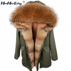 MAO MAO KONG 2020  new winter long jacket parkas Camouflage Army green raccoon fur collar hooded parkas thick coat real fur