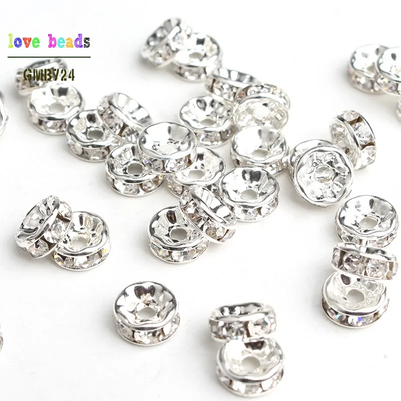 4/6/8mm Metal White Crystal Rhinestone Rondelle Spacer Loose Beads DIY Jewelry Making Accessories 100/200/300pcs/lot