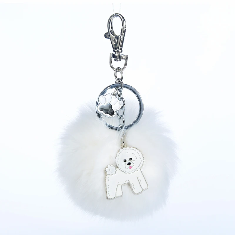 Rabbit Fur Pompom Bichon Frise Key Chains For Women Men Alloy Pom Pom Ball Dog Pendant Bag Charm Keyring Car Keychain Key Ring