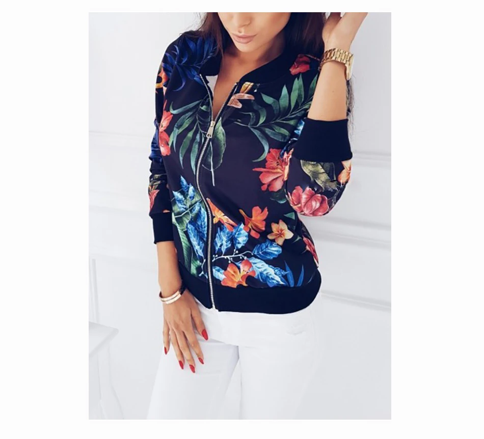 Gentillove Women Autumn Retro Floral Print Zipper Short Casual Jacket Long Sleeve Outwear Basic Jacket Bombe Famale Oversized