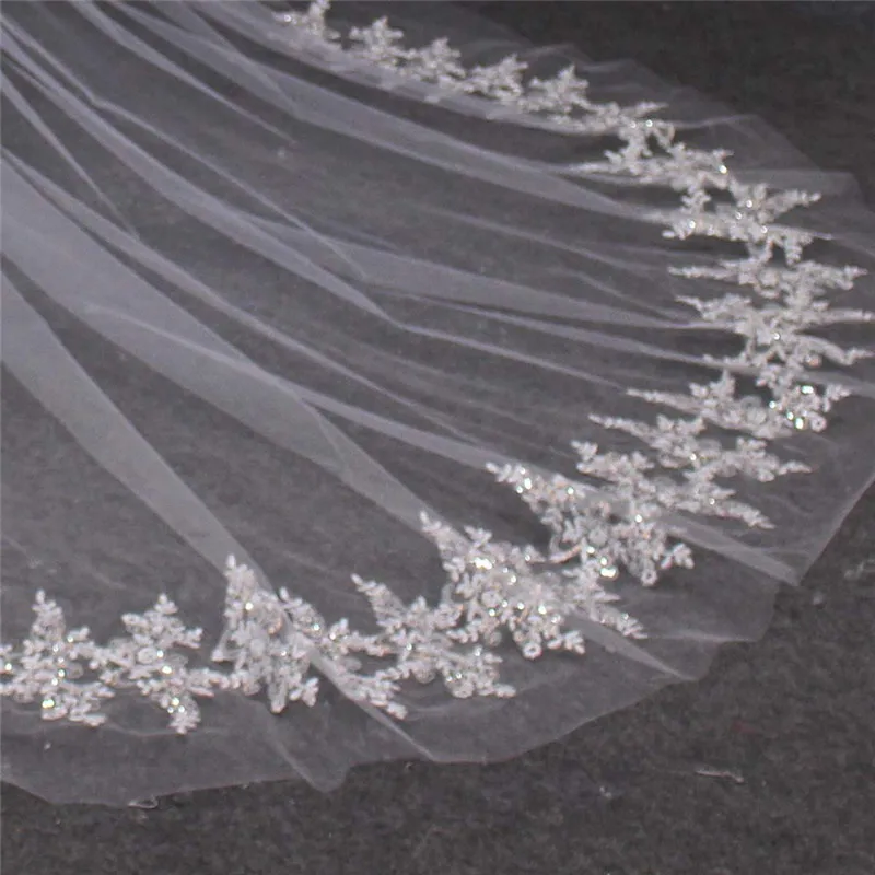 Sirène – Voile de Mariage en dentelle à paillettes scintillantes, deux couches, avec peigne, pour mariée