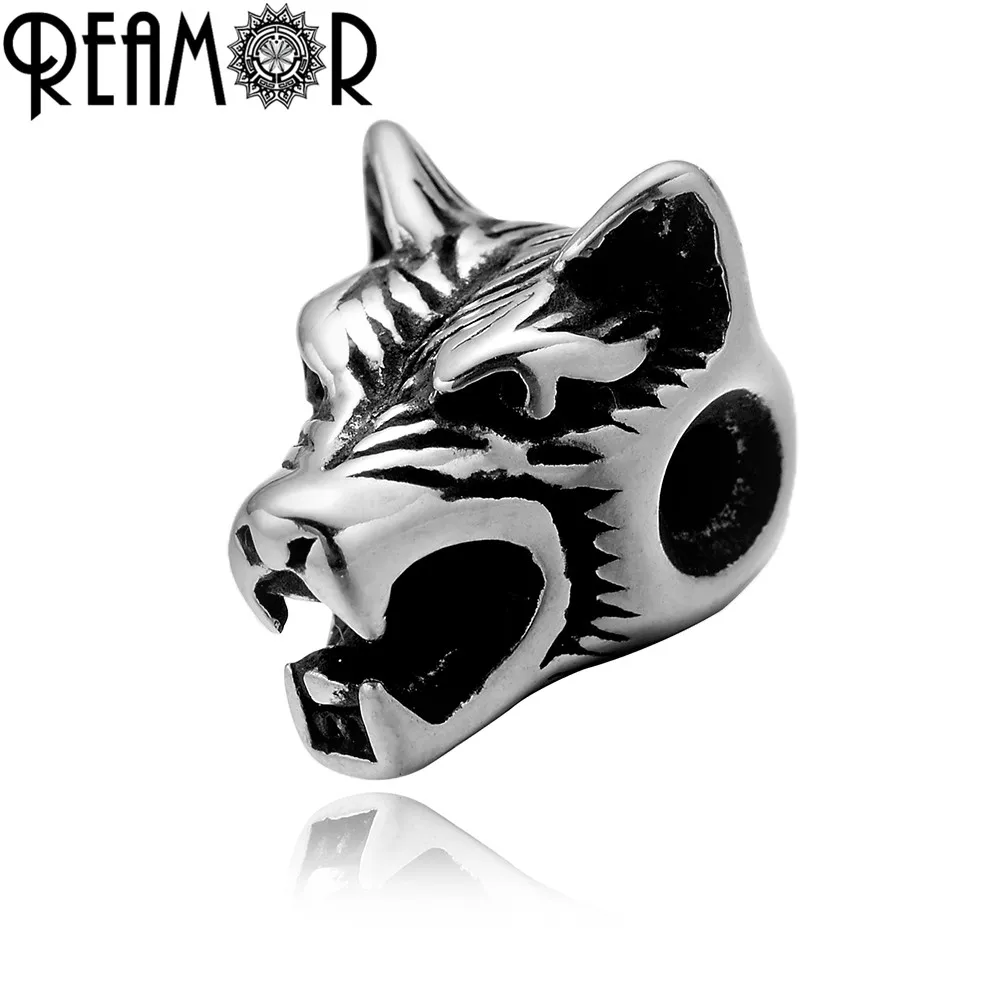 REAMOR 5pcs 316l Stainless Steel Wolf Head Bead Accessories 2mm Metal Spacer Charms Beads DIY Beaded Bracelet For Jewelry Making