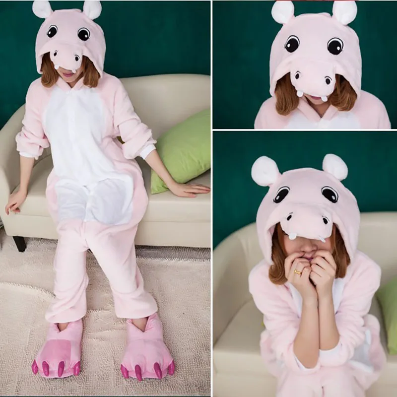 Cute Hippo Adult Onesie Animal Flannel Pajamas Winter Warm Sleepwear Robe Cartoon pijamas unisex Cosplay Halloween Costume