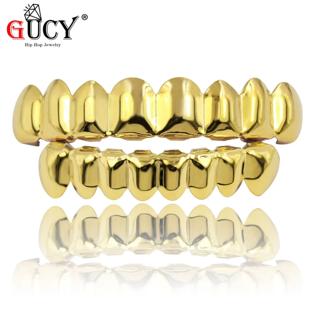 GUCY Grillz-Juego de parrillas con acabado dorado, juego de 8 dientes superiores y 8 dientes inferiores, estilo Hip Hop liso, regalo para Halloween