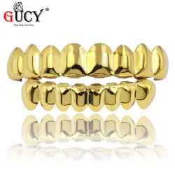 GUCY Grillz-Juego de parrillas con acabado dorado, juego de 8 dientes superiores y 8 dientes inferiores, estilo Hip Hop liso, regalo para Halloween y fiesta