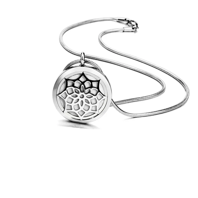 

Round Silver Lotus Flower 25mm and 30mm Stainless Steel Essential Oils Aromatherapy Diffuser Locket Necklace with 8 free pads