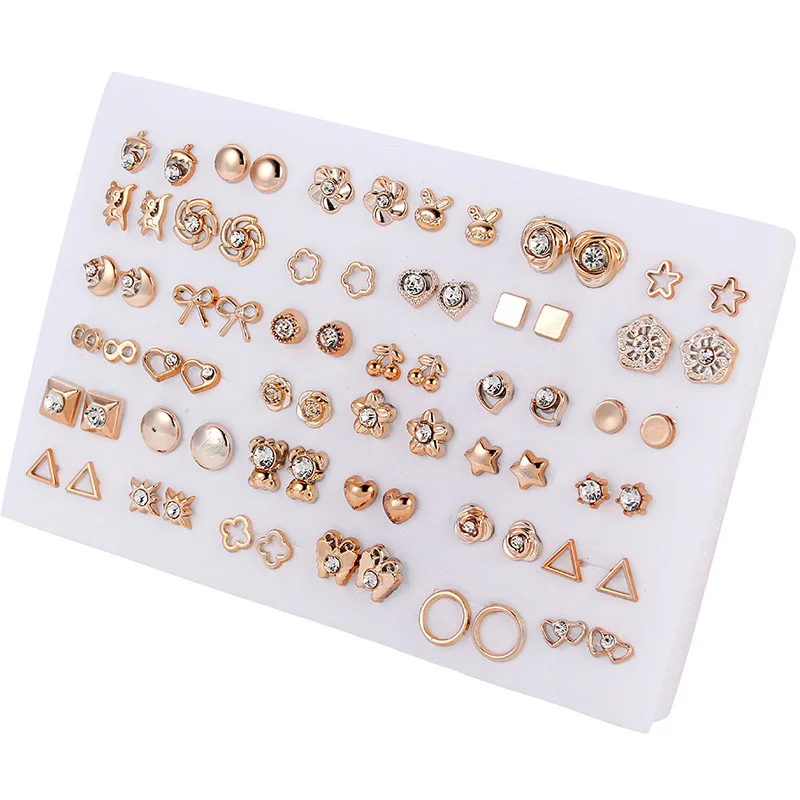 36pairs/set Gold Color Flower Stud Earring Set For Women Girl Crystal Heart Star Earrings Fashion Jewelry Gift Mix Styles