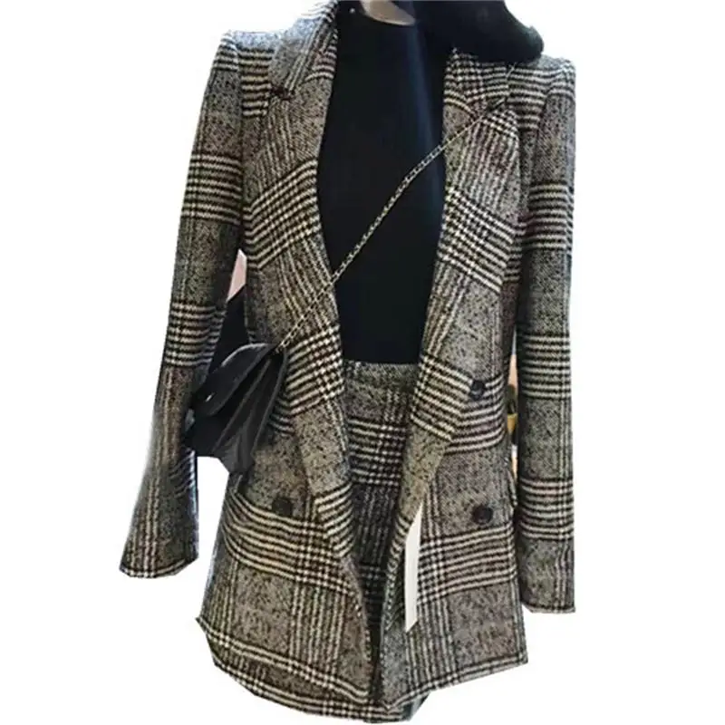 Hot Selling new 2018 lattice stripes long suit jacket half skirt suit ladies fashion casual suit + skirt two piece set (B482)
