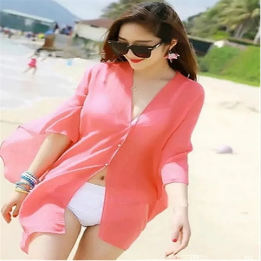 Bikini Cover Up 2019 Sexy Summer UK Chiffon Beach Solid Women Swimwear Dress