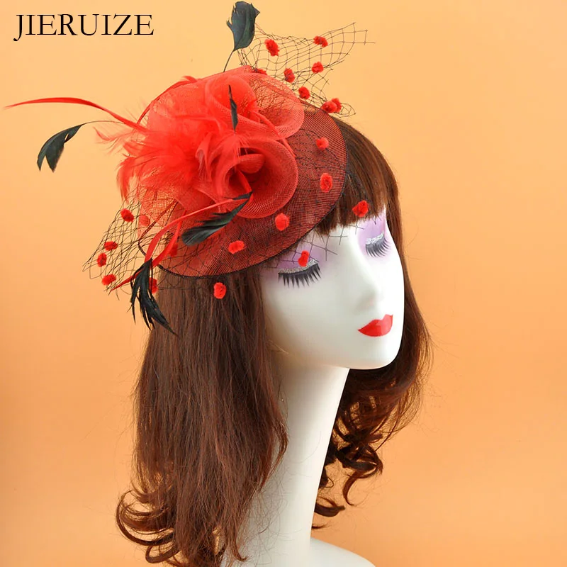 JIERUIZE-sombreros de plumas de Red para novia, gorros de boda de Red de jaula de pájaros, tocado nupcial, velos de cara, gorros de novia