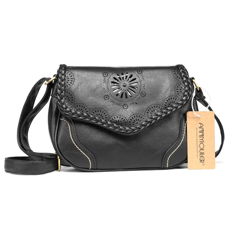 Annmouler Brand New Crossbody Bag Pu Leather Women Satchel Bag Hollow Out Shoulder Bag Vintage Black Handbags Messenger Bag