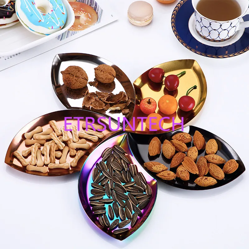 Stainless Steel Fruit Snacks Plates Leaf Shape Jewelry Tray Fast Food Tray Candy Dried Fruit Container Ice-cream Bowl Pasta