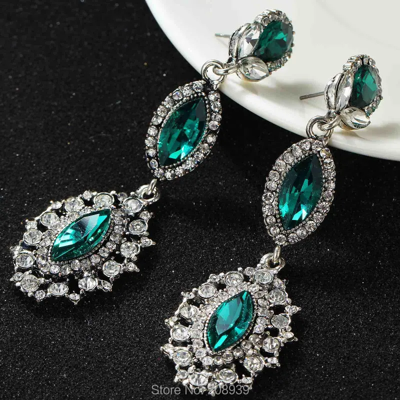 Women\'s fashion earrings Green/Blue Glass sweet metal with gems stud crystal Dangle Earrings for women girls E440 450