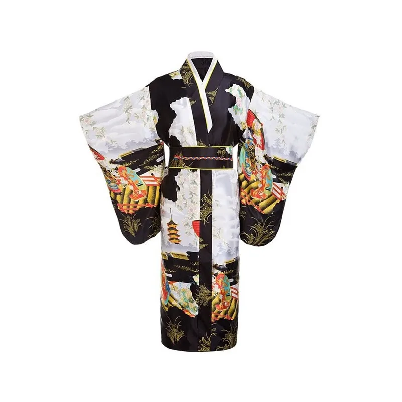 Black Woman Lady Japanese Tradition Yukata Kimono Bath Robe Gown With Obi Flower Vintage Evening Party Dress Cosplay Costume