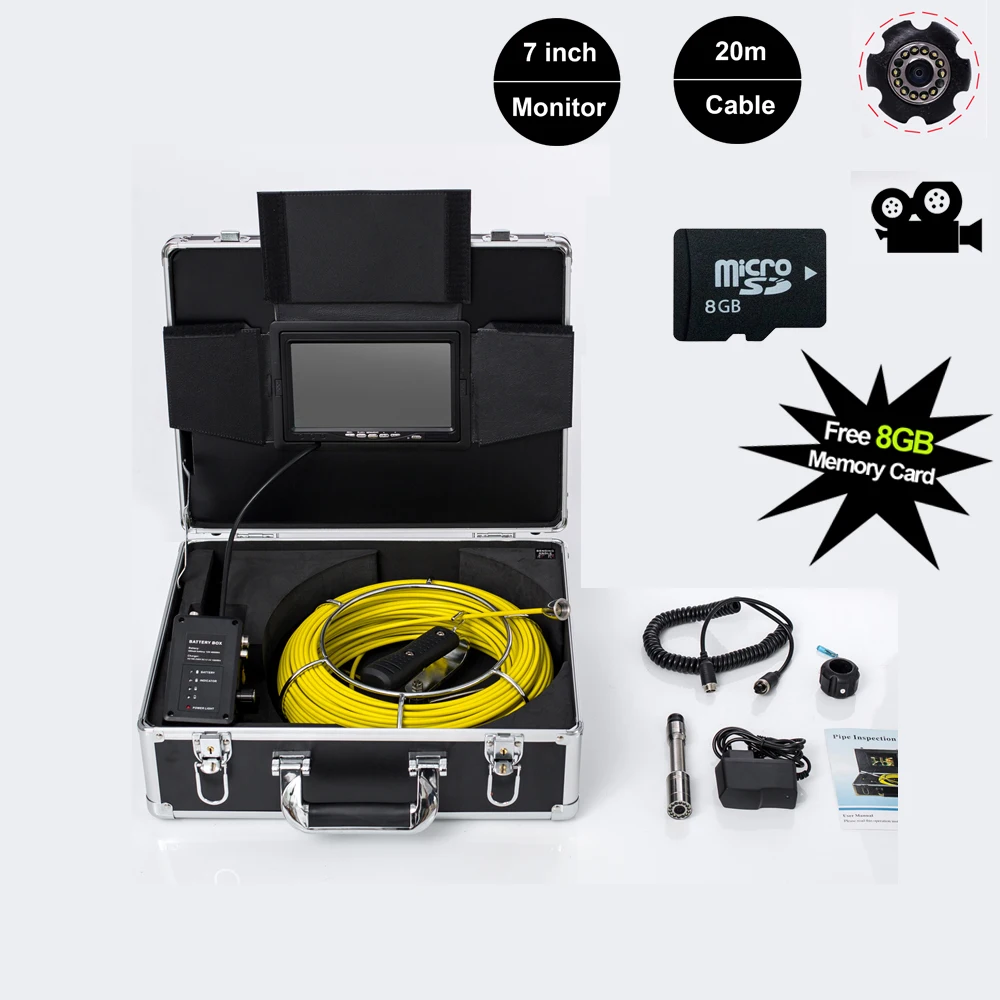 

1000TVL 23mm Lens Industrial Endoscope 20M Fiberglass Cable Drain Sewer Pipeline Inspection Camera System 7"LCD Built-in DVR