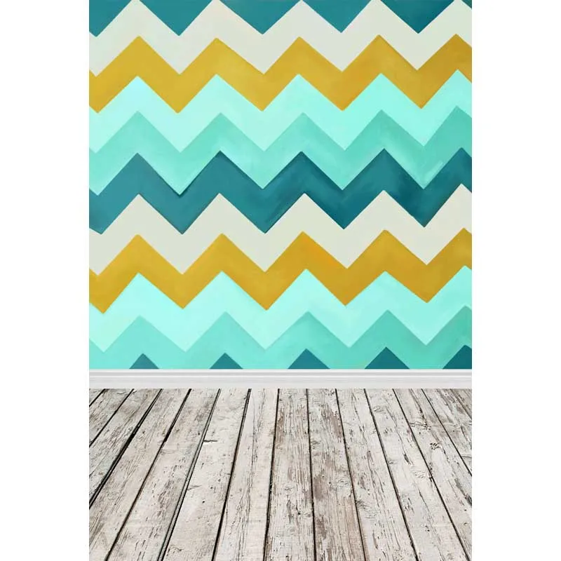 

Blue Yellow Chevron Backdrops for Newborn Photography Printed Wavy Stripes Baby Shower Prop Boy Kids Photo Background Wood Floor