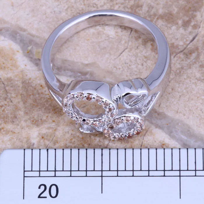 Circle With Heart Champagne Morganite Silver Plated Ring Size 5 / 6 / 7 / 8 E556