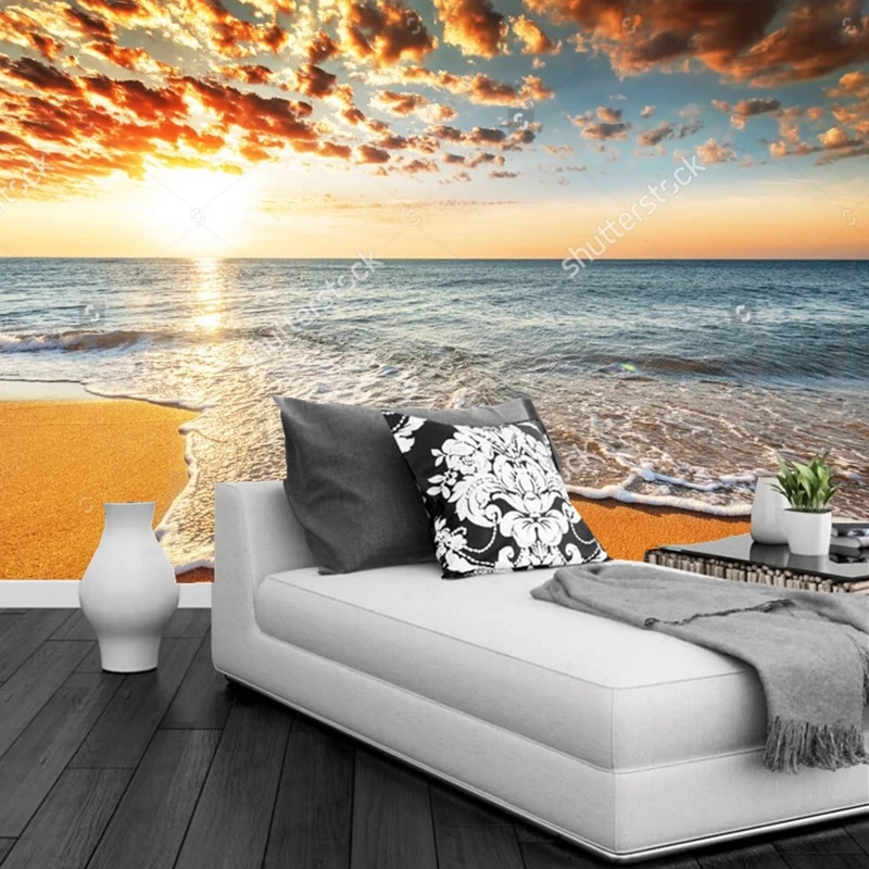 Beach wallpaper,Brilliant ocean beach sunrise,natural landscape for the living room bedroom store background vinyl wallpaper