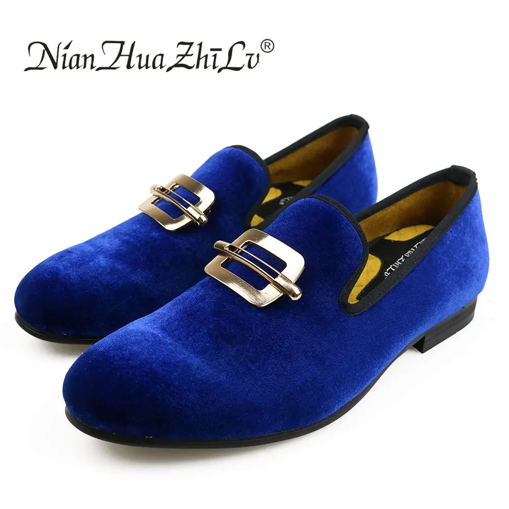 XQWFH Men\'s Loafers Vintage Velvet Flats Male Leather Shoes Slip-on Driving Casual Shoes with Gold Buckle Wedding Dress Shoes