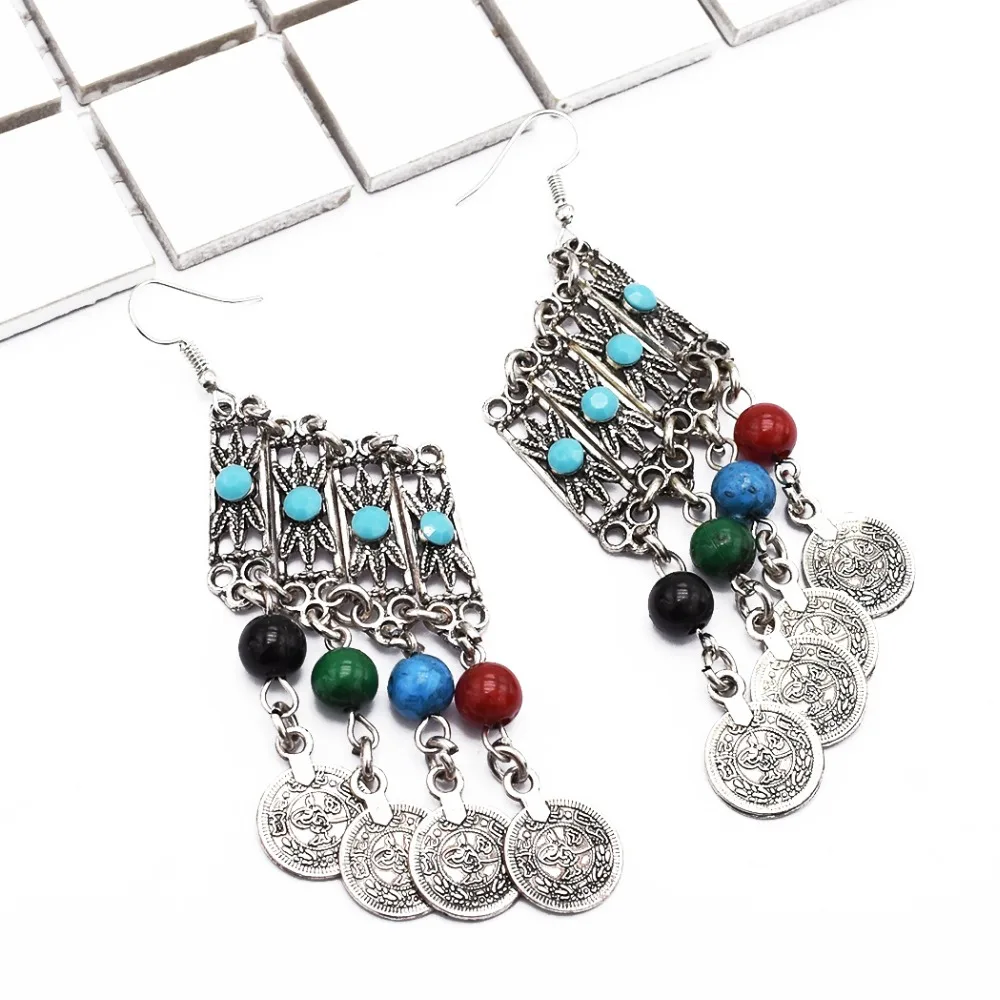 Bohemian Retro Turkish Coin Earrings Resin Beaded Pendant Gypsy Ethnic Tribal Festival Jewelry  Statement Travel Drop Earrings