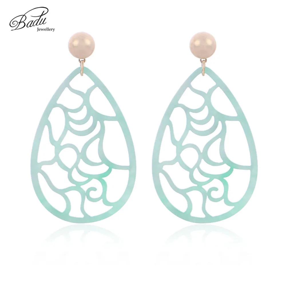 Badu Oval Acrylic Earrings for Women Bohemian Green Carved Acetic Acid Pendant Dangle Drop Earrings Party Jewelry