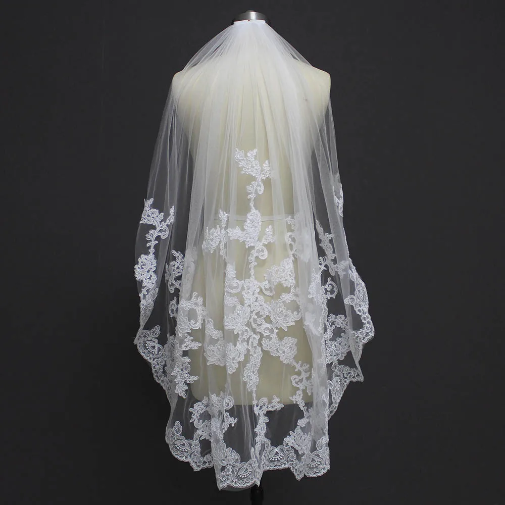 Voile De mariée avec peigne en dentelle, une couche, blanc, ivoire, Tulle, nouvelle collection