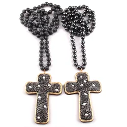 Fashion Bohemian Jewelry Faceted Hematite Stone Knotted Crystal Paved Pearl decoration Cross Pendant Necklaces