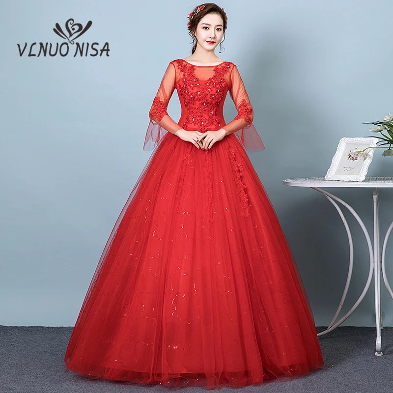 Vlnuo nisa simples vestido de casamento vermelho barco pescoço manga cheia sem costas plus size feito sob encomenda barato vestidos de noiva