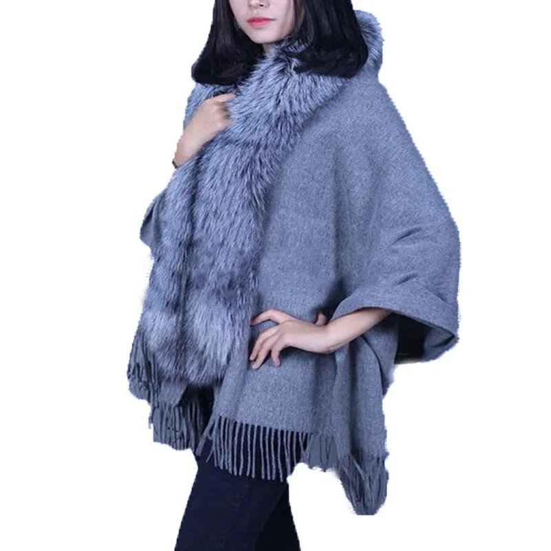 Elegant Lady's Shawl 100% Real Wool 100% Real Wraps Women Fox Fur Female Winter Warm Cape Cloak Coat/Gray