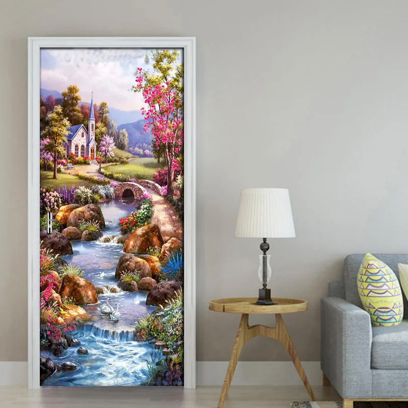 DIY Ldyllic Oil Painting Landscape 3D Door Sticker PVC Material Waterproof Doors Poster Wall Decal Sticker For Living Room Decor