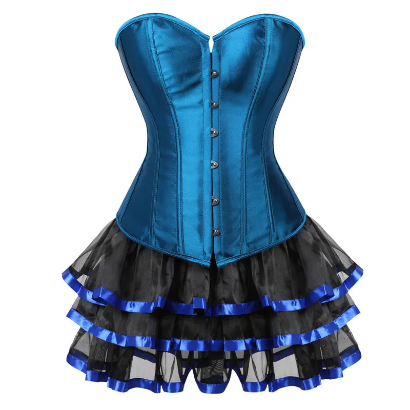 Corset Dress With Skirts Tutu Set Plus Size Lace Sexy Bustiers Women's Overbust Lingerie Fashion Vintage Costume Style Blue