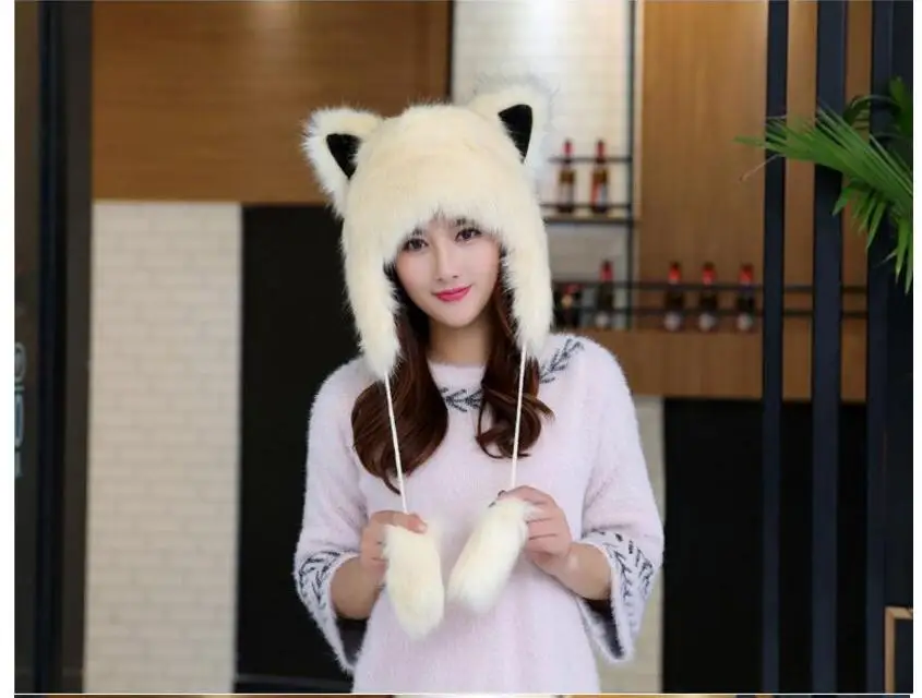 Hot selling! Winter new Women Warm Caps Fur ear Hats Girls Cartoon Novelty Caps Beanies Soft Lovely Hats