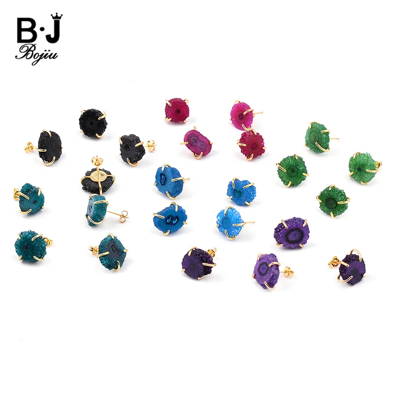 BOJIU 6 Color Round Natural Druzy Women\'s Stud Earrings Blue Green Purple Red Black Quartz Drusy Earrings Female Ear Studs EA059