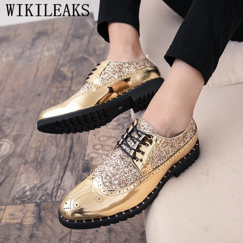 New Luxury Brand Coiffeur Gold Brogue Oxford Shoes For Men Italian Formal Wedding Dress Footwear Male Patent Leather Bling Shoes