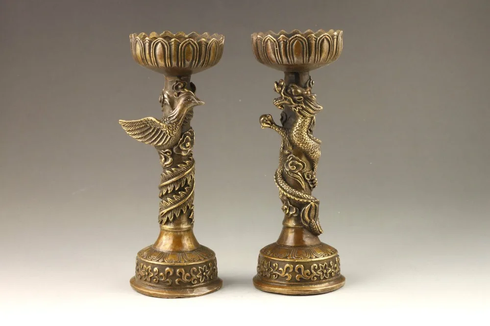 A Pair of Elaborate Chinese Handmade Fine Dragon Phoenix Brass Candlestick