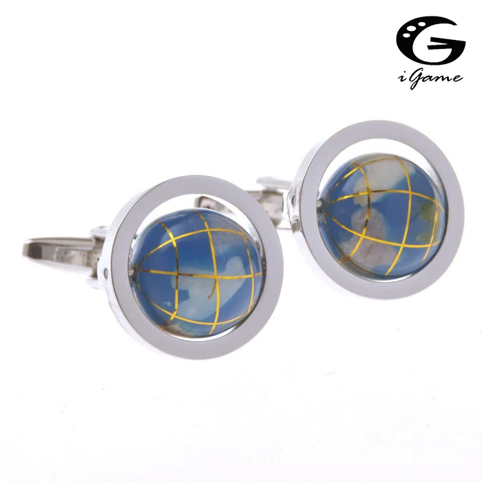 

iGame Factory Price Retail Men Cufflinks Light Blue Globe Design Free Shipping