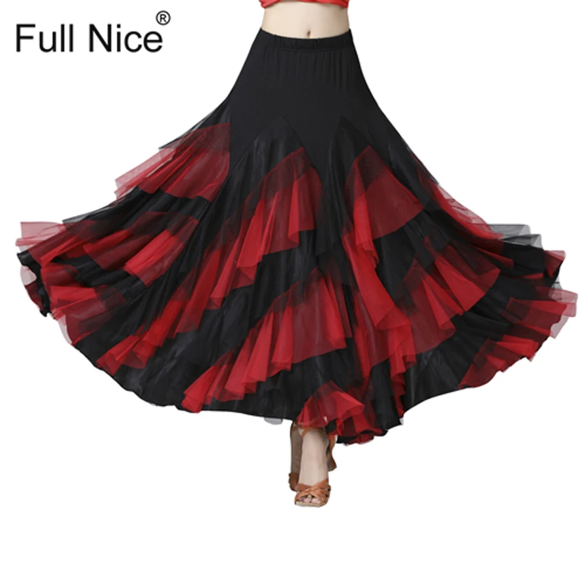 Ballroom Dans Rok Bloem Ruche Lange Rok Grote Schommel Moderne Dans Vrouwen Tango Stage kostuums Flamenco Buikdans Rok Walt