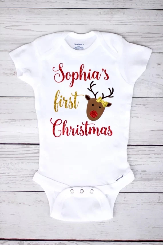 personalize name My first Christmas reindeer baby shower toddler outfit bodysuit onepiece romper  kids t shirts birthday tees