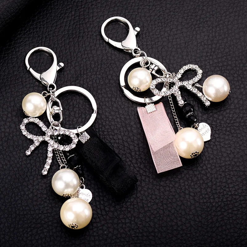High Quality Simulated Pearl Beads Rhinestone Bowknot Keychain Alloy Key Chain Gift For Women Girl Car Bag Accessories Key Ring